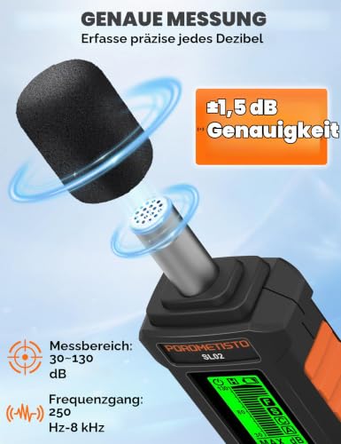 POROMETISTO A/C-rated sound level meter 30–130 dB for home & office | Noise level meter for environmental monitoring, machine testing & occupational safety. Precise sound measurement from 30–130 dB.