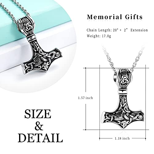 shajwo Mjolnir Thors Hammer Urn Necklace for Ashes for Men Celtic Nordic Viking Cremation Jewelry for Women Keepsake Memorial Ashes Pendant Thor Hammer-Silver