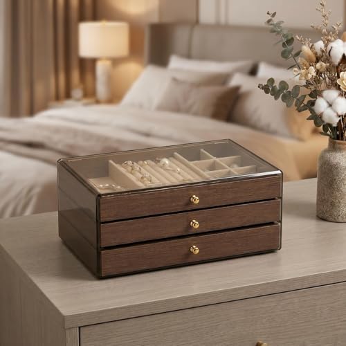 3 - Layer Wooden Drawers Jewelry Box for Women, Jewelry Organizer with Acrylic Cover & Velvet Lining - Adjustable Compartments for Earrings, Rings, Necklaces, Bracelets, Lipstick