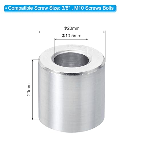 PATIKIL M10 aluminum spacers, 5-piece round metal standoffs for 3/8-inch screw bolts, 10.5mm ID x 20mm OD x 20mm L