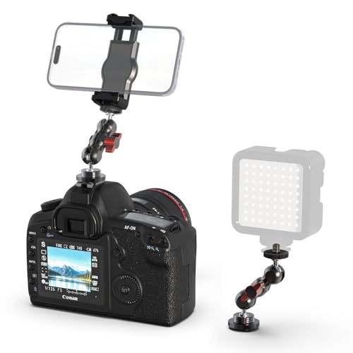SOH Hot/Cold Shoe Phone Mount Holder, Universal 2 Ball Head Smartphone Mount Adapter, Cold Shoe Phone Clip Mount for iPhone 17/16/15, DSLR Camera LCD Camera Cage Flash LED Light Microphone and More BLACK&RED