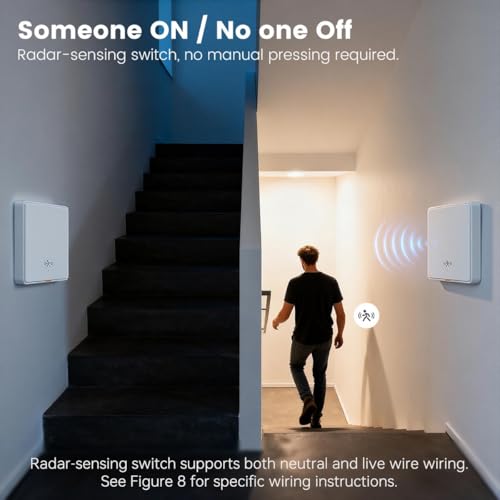 Motion Sensor Flush-Mounted WLAN Smart Light Switch Two in One 120° 5 m 10G mmWave Radar Motion Sensor Compatible with Alexa, Google Home, Precise Detection, Double 1Way, Black