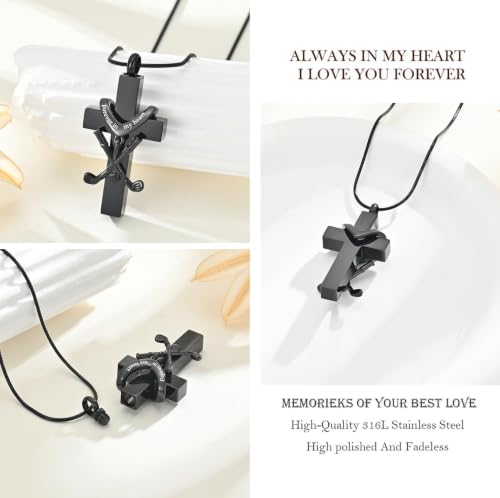zeqingjw Cross Urn Necklace for Ashes for Men Women Stainless Steel Cremation Golf Clubs Jewelry Ashes Keepsake Memorial Pendant Ash Holder of Loved Ones Black