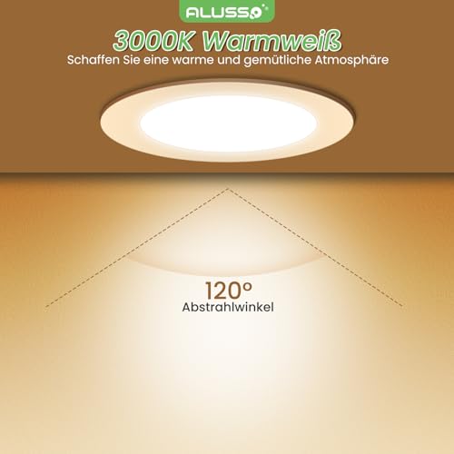 Alusso LED Recessed Spotlight, 230 V, Flat IP44, 10 W LED Spotlights, 700 lm, Set of 6 | Warmweiß 3000K Einbauleuchten, 30mm Ultra Flach, Einbauspot Loch 125-135mm, Deckenspots für Badezimmer Küche Wohnzimmer Warm White 3000 K, Set of 6