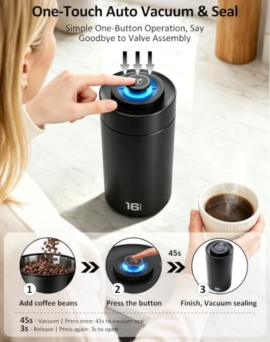 Black ROTTOGOON auto vacuum coffee canister with 1.3L capacity, electric bean storage container for fresh coffee preservation.