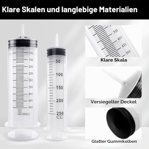 Samulee Syringe 250 ml + 550 ml, Set of 2 Syringes with Hose | Dosing Syringe, Large Syringe for Engine Oil, Laboratory, Animal Feeding, Garden, Scientific Research 250ml+550ml