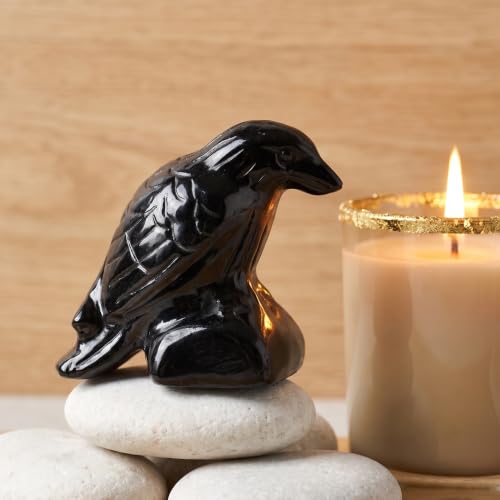 Obsidian Raven Sculpture Small Crystal Crow Figurine 1.57” for Home Decor, Healing Crystals Stone, Spiritual Totem Gift Raven-b