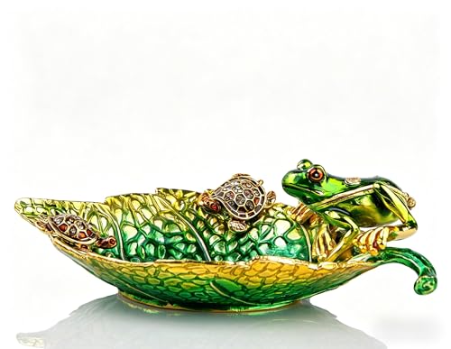 Hand-painted enamel leaf trinket dish featuring a frog and turtle design, ideal for jewelry storage by SEVENBEES.