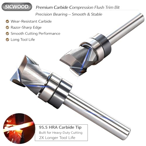 SICWOOD solid carbide compression flush trim router bit, 1/2-inch diameter, 1/4-inch shank, top bearing