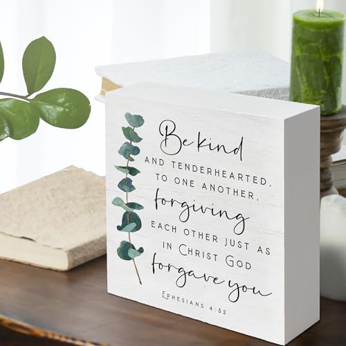 Bible Verse Wood Box Sign Rustic Motivational Bible Verse Ephesians 4 32 Wooden Sign for Home Office Living Room Church Bedroom bathroom Table Shelf Religious Gifts 5x5 -D17 White06