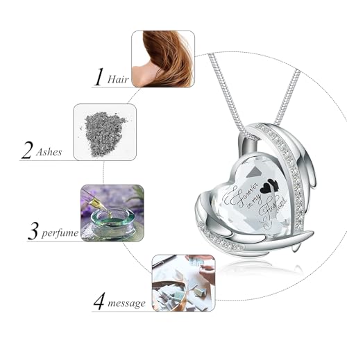 Heart Urn Necklace for Ashes for Women Girl Cremation Jewelry with Crystals Memorial Lockets Urn Pendant for Human Ashes Forever in My Heart/Always in my heart Silver-White-Forever