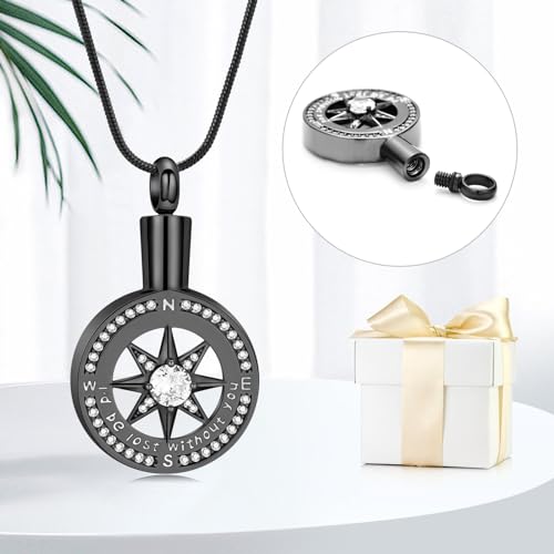 I'd be lost without you - Cremation Jewelry for Ashes Pendant - Compass Urn Necklace with Mini Keepsake Urn Memorial Ash Jewelry Loved One Black