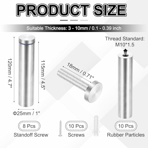 PATIKIL silver stainless steel standoff screws, 8-pack, for wall-mounted acrylic signs and picture frames