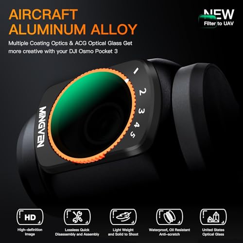 Magnetic Adjustable ND Filters Set for DJI Osmo Pocket 4/Pocket 3/Xtra Muse Camera Accessories, Adjustable ND Filters 1-5 Stops + 6-9 Stops - 4 Pack (CPL, UV, VND2-32 VND64-512) CPL + UV + VND Filters