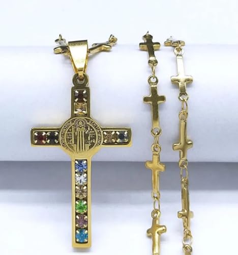 Gold St Saint Benedict Cross Pendant Necklace Protection Medal Crucifix F13