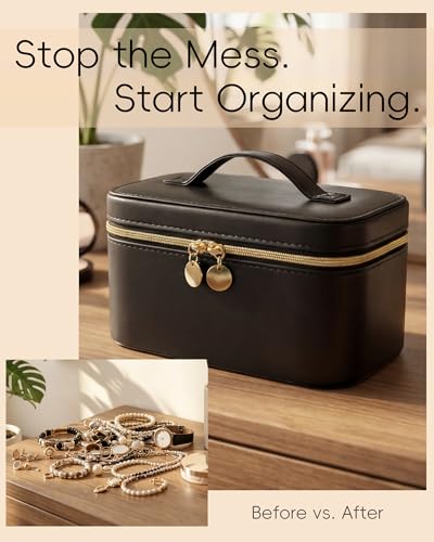 Large Travel Jewelry Box, Hard Shell PU Leather with 20 Zippered Clear Pockets for Earrings Rings Necklaces (Black) Black