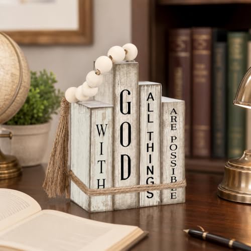 4Pcs Decorative Books Set, Christian Wooden Faux Book Stack for Coffee Table and Shelf Display, Religious Neutral Wood Ornaments for Living Room Home Decor, Blessing Housewarming Gifts (Khaki) Style 5