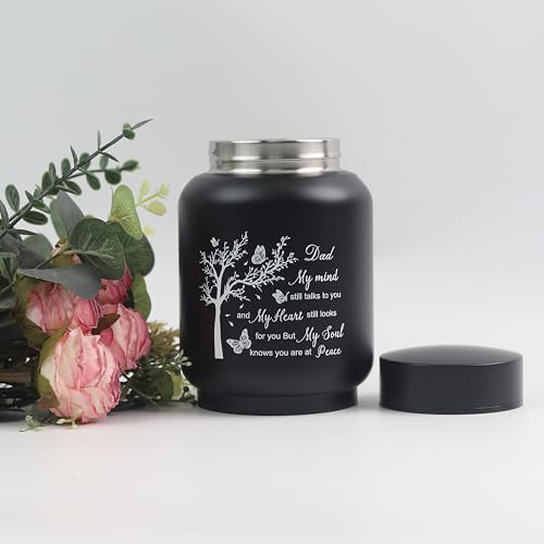 6 Inch Cremation Urn - Stainless Steel Keepseek Urn for Human or Pet Ashes, Small Urn Engraved with Family Tree My Mind Still Talks to You-Dad Keepseek Urn-Black-Dad