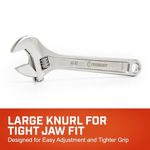 Crescent 10-inch chrome finish adjustable wrench with sliding jaw and measurement markings