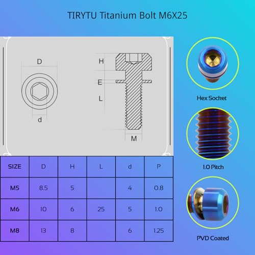 TIRYTU burnt blue titanium M6x25mm hex bolts with washers, 6-piece set