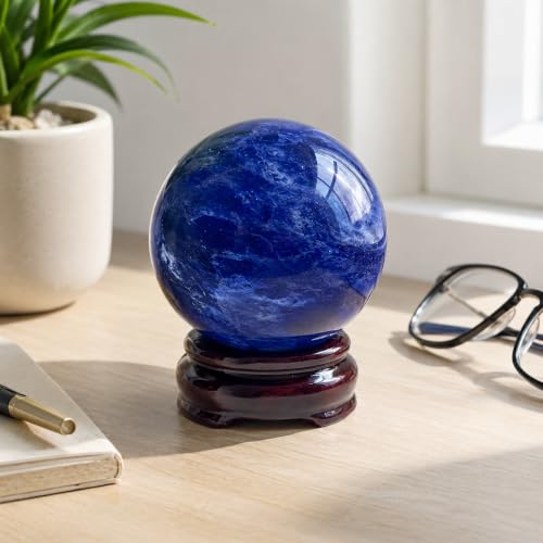 Blue Crystal Ball(70mm-2.75 inches) with Display Stand—Natural Sapphire Sphere for Decoration and Divination Blue-70mm 70mm/2.75inch