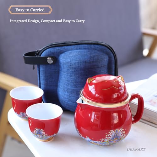 DEARART Beautiful Tea Cup Portable Set, 10.8oz Mug and 2-Cups, Wide Mouth Easy to Clean Keep Tea Hot, Steeping Loose Leaf Tea Bag, Cute Cat, Red Red ( Portable Set)