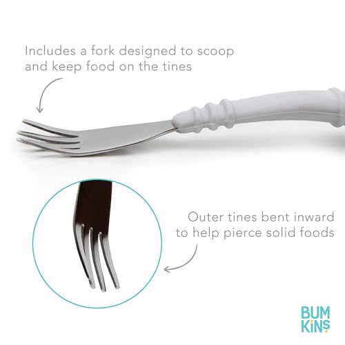 Bumkins - Silicone Grip Plate, Fork & Spoon & Lid - For Ages 18 Months+ - Suction Base - 100% Food-Safe Silicone - Oven, Microwave, Freezer, & Dishwasher Safe - Gray