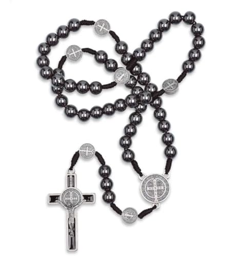 Rosary Black Beads Necklace Saint Benedict Catholic Rosary BeadsMetal Crucifix Cross Christian Gifts with Gift Velvet Bag 01-8mm Black Hematite Rosary