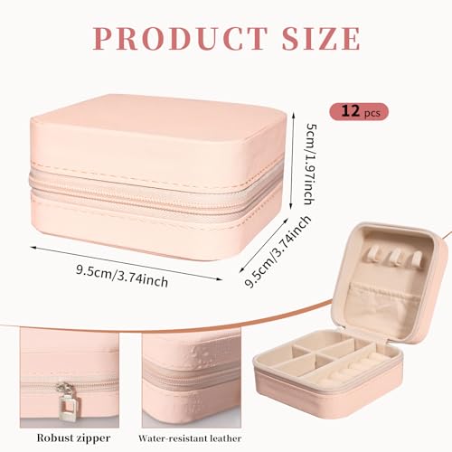 12 Pcs Small Travel Jewelry PU Leather Boxes Bulk, Portable Organizer Cases, Bridesmaid Gift Storage for Women and Girls Rings, Earrings, and Necklaces (Pink)