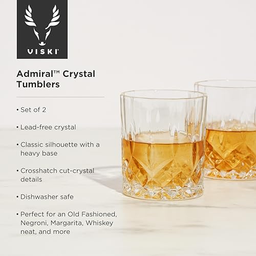 Viski Admiral Rocks Glasses, Clear Crystal Glass Gifts for Men 9oz Set of 2
