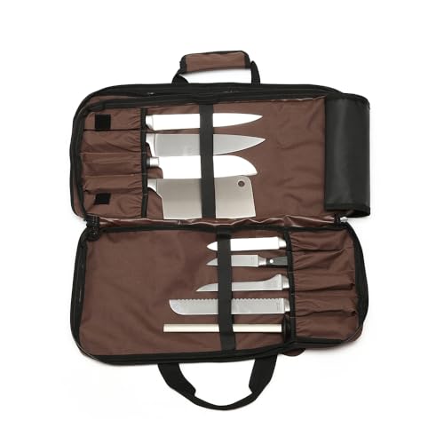 EVERPRIDE 4 Sections - Brown - Chef Knife Bag Holds 20 Knives 4 Storage Compartments,Professional Culinary Case with Shoulder Strap, Black, Laptop/Tablet Padded Slot - Knives Not Included