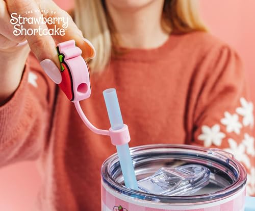 Silver Buffalo Strawberry Shortcake Pink Pattern Stainless Steel Travel Tumbler With Handle, Lid, and Reusable Straw | Holds 40 Ounces