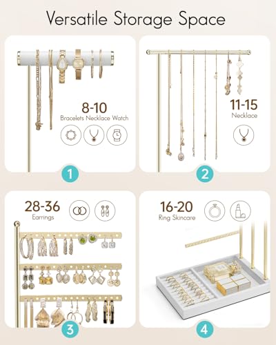 VLANDO Jewelry Stand Organizer with Ring Holder Tray, Necklace and Earring Storage for Bracelets, Watches and Rings, PU Leather Covered Wooden Tray with Gold Metal Frame - White