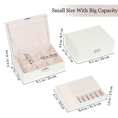 Jewelry Box for Women Girls, 2 Layers Jewelry Organizer Container with Lock, PU Leather Storage Case with Removable Tray, Jewelry Display Box for Necklaces Earrings Bracelets Rings Watches - White
