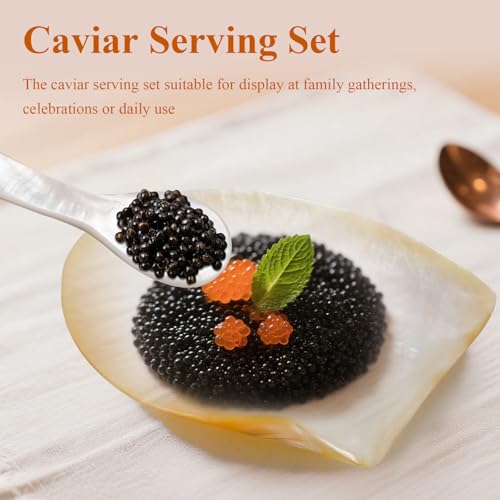 4 Pcs Natural Shell Plate Set, Includes 2 Gold Mother of Pearl Caviar Plates with 2 Pearl Spoons, Suitable for Storing Various Small Items or Holiday Gifts