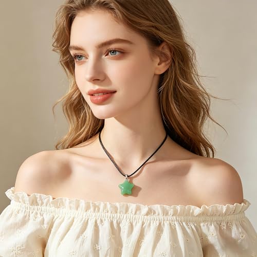 FANASY Natural Gemstone Carved Star Pendant Necklace Cute Star Charm Pendant Healing Crystal for Women Green Aventurine