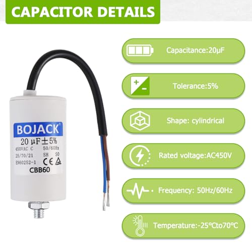 BOJACK 20uF 450V Motor Running Capacitor 40 x 73 mm Starting Capacitor Engine Start Capacitor with Capacitor with Lead Wire M8 with Nut Suitable for Most Engines