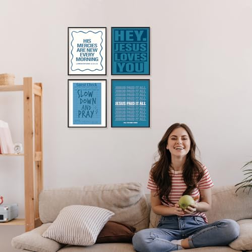 Locomiss Blue Christian College Dorm Room Wall Art Decor Posters, Blue Christian Jesus Wall Art Posters For Teen Girls College Dorm Room Bedroom Bathroom Decor, Set of 4 (8x10 Unframed) 8x10 Inches