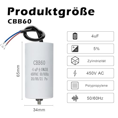 CBB60 450V 4µF 50/60HZ Capacitor, Starting Capacitor, Motor Capacitor, Motor Operating Capacitor, with Cables, M8, 34 x 65 mm, 4UF, for Motors, Swimming Pool Pumps, Wood Splitter