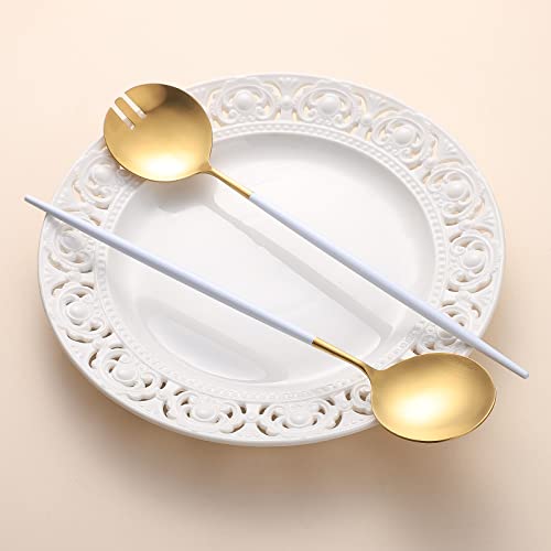 Salad Servers,Spoon and Fork Set 11.41 inch,18/10 Stainless Steel Salad Serving Titanium Plating (White gold) White/Gold