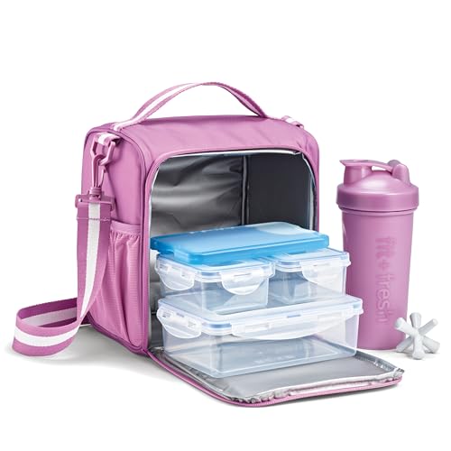 Fit & Fresh BREE Meal Prep Lunch Box With Containers, Ice Pack, and Shaker Bottle For Men and Women, 6pc. Meal Prep Kit Lunch Bag With Containers Included, Mauve