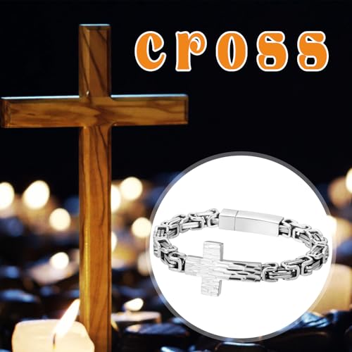 Flongo Men’s Byzantine Cross Bracelet – Silver Stainless Steel Link Bracelet Christian Jewellery Symbol of Faith Strength and Courage Religious Gift for Men Communion Baptism Easter Church Silver