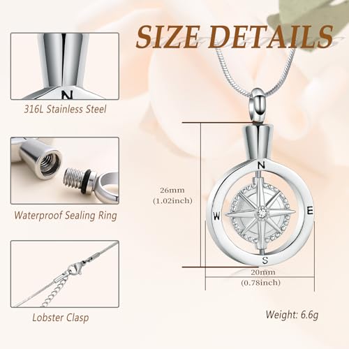 Minicremation Compass Cremation Jewelry for Ashes Funeral Ashes Pendant Locket Keepsake Urn Necklace for Women Men Silver