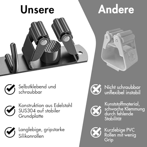 Radikor Wall Broom Holder, Stainless Steel Broom Holder with 5 Holders & 4 Hooks | Installation without drilling or screws. Keeps brooms, mops and garden tools tidy in the home and garage Black L x1