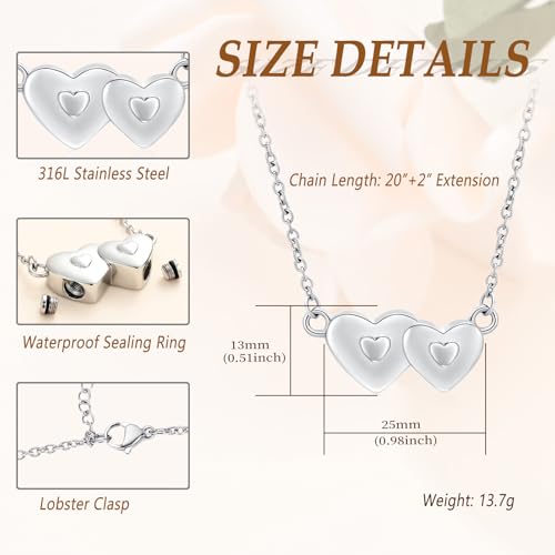 Minicremation Cremation Jewelry Urn Necklace for Ashes Double Heart Keepsake Pendant Gift for Women Funeral Memorial Urn Locket Silver