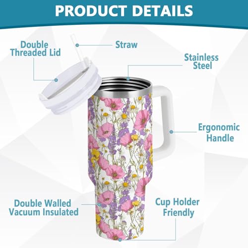Farmhouse Wildflower Pink Poppy Tumbler with Handle and Straw Leak Proof Tumbler 2 in 1 Lid Insulated Water Bottle Tumblers Stainless Steel Cup Large Travel Mug Cups, Gifts for Women Man, 30oz Pink Poppy Flower 30 Ounces