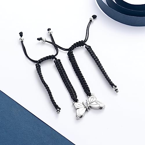 constantlife 2 Pack Butterfly Cremation Bracelet for Ashes Stainless Steel Urn Pendants Keepsake Braided Rope Adjustable Wristband Bangle Memorial Jewelry for Women Girls Silver