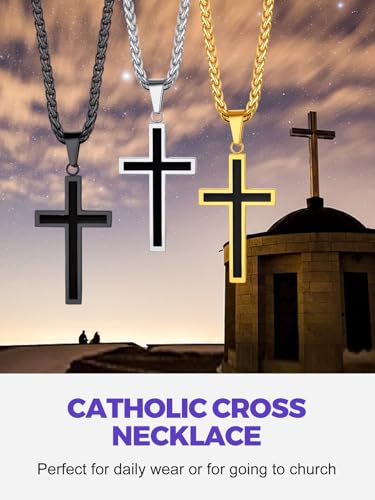 Richsteel Cross Necklace for Men Stainless Steel Christian Crucifix Cross Chain Silver/Black/Gold Plated, Religious Jewellery for Man Woman(With Gift Box) Stylish Cross-black