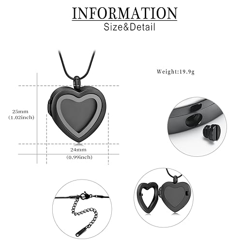 Cremation Jewelry Necklace for Ashes Heart Shaped Memorial Picture Lockets for Ashes Stainless Steel Keepsake Urn Ashes Pendants That Holds Pictures Photo Black