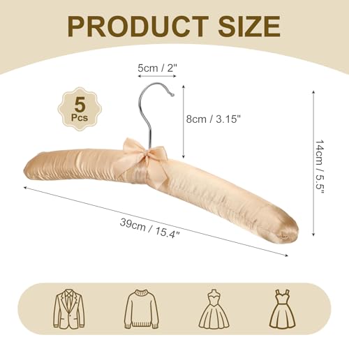 uxcell 5 Pcs Satin Padded Hangers, 15 Inch Blouse Hangers for Women's Clothing, Non-Slip Thickened Sponge Pads for Sweaters, Silk Dresses, Wedding, Delicate Cashmere Sweaters, Champagne Light Gold
